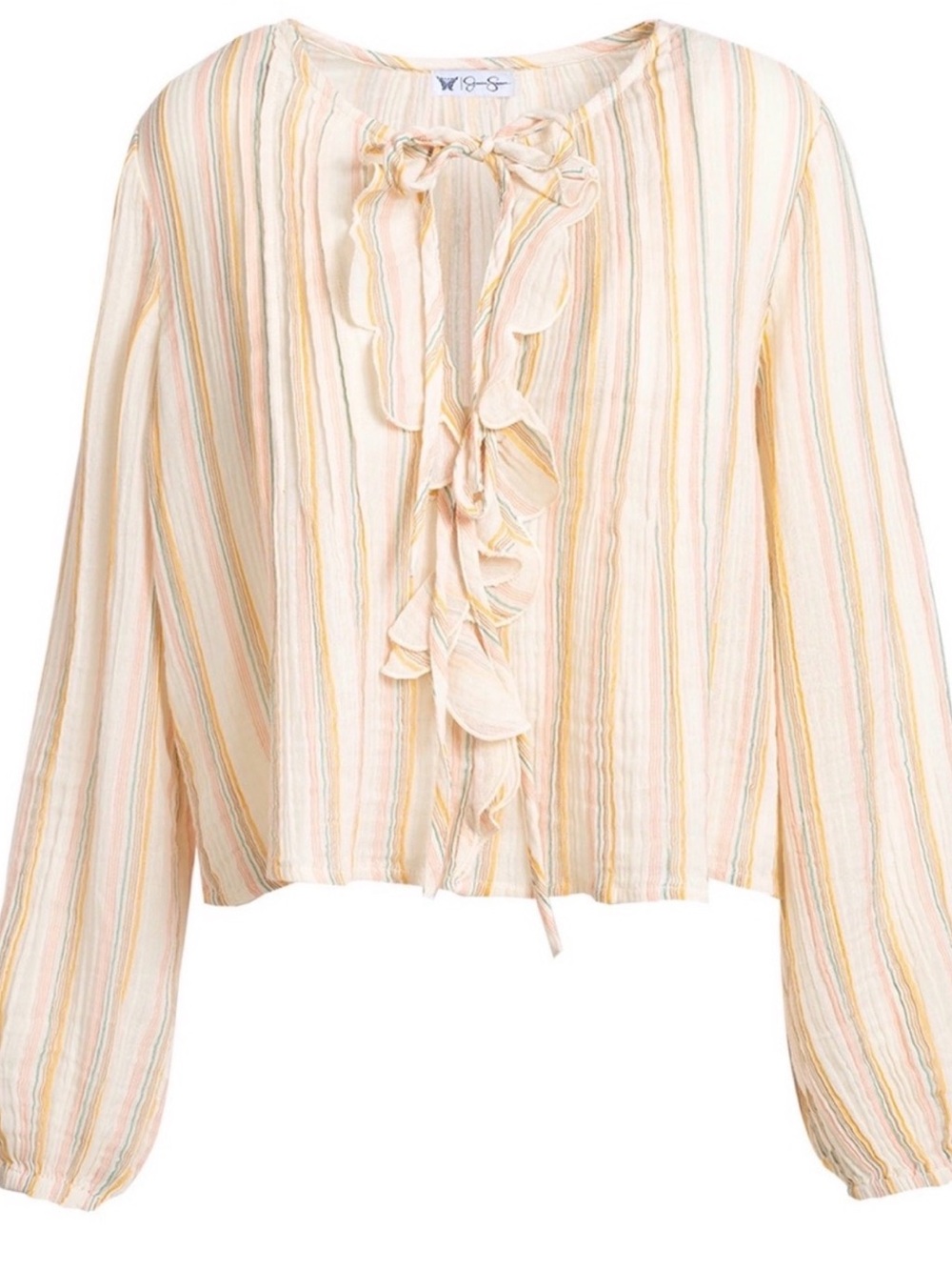 (504)Striped Ruffle Tie-Neck Blouse - Cream/Yellow/Pink